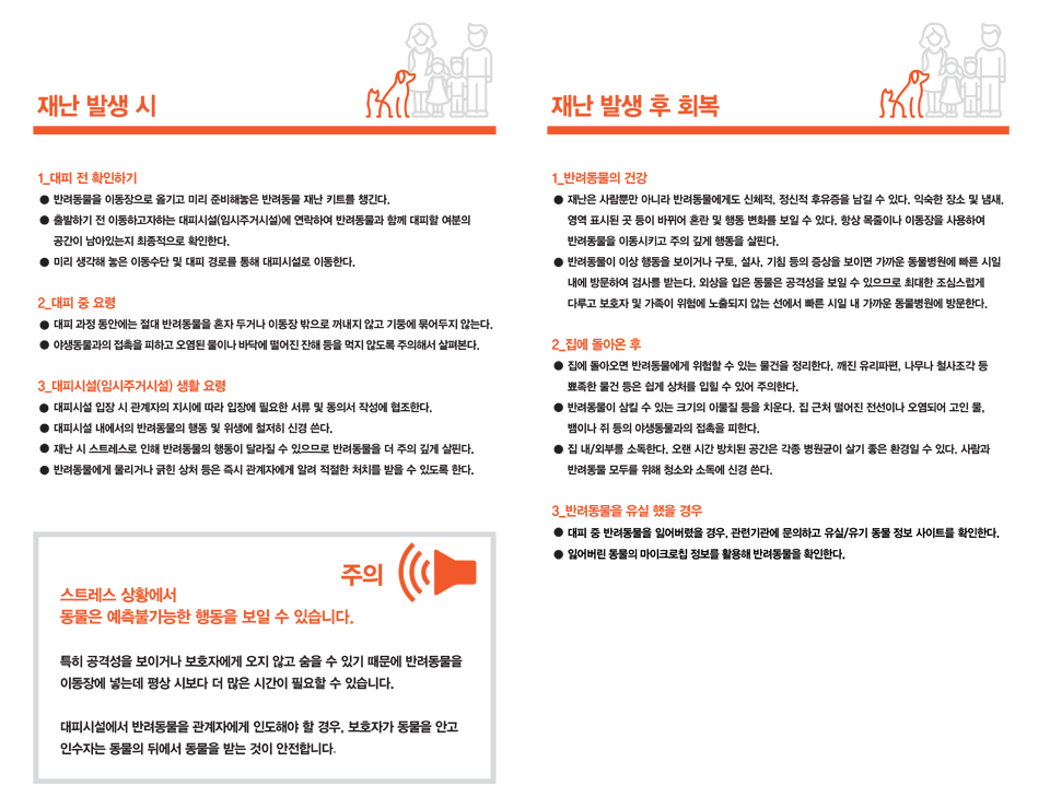 재난 발생 시 - 1_대피 전 확인하기 : 반려동물을 이동장으로 옮기고 미리 준비해놓은 반려동물 재난 키트를 챙긴다. 출발하기 전 이동하고자하는 대피시설(임시주거시설)에 연락하여 반려동물과 함께 대피할 여분의 공간이 남아있는지 최종적으로 확인한다. 미리 생각해 놓은 이동수단 및 대피 경로를 통해 대피시설로 이동한다. / 2_대피 중 요령 : 대피 과정 동안에는 절대 반려동물을 혼자 두거나 이동장 밖으로 꺼내지 않고 기둥에 묶어두지 않는다. 야생동물과의 접 촉을 피 하고 오 염된 물이 나 바닥 에 떨어 진 잔해 등을 먹지 않도 록 주의해 서 살펴본 다. / 3_대피시설(임시주거시설) : 생활요령 대피시설 입장 시 관계자의 지시에 따라 입장에 필요한 서류 및 동의서 작성에 협조한다. 대피시설내에서의 반려동물의 행동 및 위생에 철저히 신경 쓴다. 재난 시 스트레스로 인해 반려동물의 행동이 달라질 수 있으므로 반려동물을 더 주의 깊게 살핀다. 반려동물에게 물리거나 긁힌 상처 등은 즉시 관계자에게 알려 적절한 처치를 받을 수 있도록 한다. /  주의 : 스트레스 상황에서 동물은 예측불가능한 행동을 보일 수 있습니다. 특히 공격성을 보이거나 보호자에게 오지 않고 숨을 수 있기 때문에 반려동물을 이동장에 넣는데 평상 시보다 더 많은 시간이 필요할 수 있습니다. 대피시설에서 반려동물을 관계자에게 인도해야 할 경우, 보호자가 동물을 안고 인수자는 동물의 뒤에서 동물을 받는 것이 안전합니다. // 재난 발생 후 회복 - 1_반려동물의 건강 : 재난은 사람뿐만 아니라 반려동물에게도 신체적, 정신적 후유증을 남길 수 있다. 익숙한 장소 및 냄새, 영역 표시된 곳 등이 바뀌어 혼란 및 행동 변화를 보일 수 있다. 항상 목줄이나 이동장을 사용하여 반려동물을 이동시키고 주의 깊게 행동을 살핀다. 반려동물이 이상 행동을 보이거나 구토, 설사, 기침 등의 증상을 보이면 가까운 동물병원에 빠른 시일 내에 방문하여 검사를 받는다. 외상을 입은 동물은 공격성을 보일 수 있으므로 최대한 조심스럽게 다루고 보호자 및 가족이 위험에 노출되지 않는 선에서 빠른 시일 내 가까운 동물병원에 방문한다. 2_집에 돌아온 후 : 집에 돌아오면 반려동물에게 위험할 수 있는 물건을 정리한다. 깨진 유리파편, 나무나 철사조각 등 뾰족한 물건 등은 쉽게 상처를 입힐 수 있어 주의한다. 반려동물이 삼킬 수 있는 크기의 이물질 등을 치운다. 집 근처 떨어진 전선이나 오염되어 고인 물, 뱀이나 쥐 등의 야생동물과의 접촉을 피한다. 집 내/외부를 소독한다. 오랜 시간 방치된 공간은 각종 병원균이 살기 좋은 환경일 수 있다. 사람과 반려동물 모두를 위해 청소와 소독에 신경 쓴다. 3_반려동물을 유실 했을 경우 : 대피 중 반려동물을 잃어버렸을 경우 , 관련기관에 문의하고 유실/유기 동물 정 보 사 이트를 확 인한다. 재난 발생 후 회복 잃어버린 동물의 마이크로칩 정보를 활용해 반려동물을 확인한다.