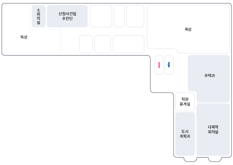 좌측 계단을 중심으로 좌측으로 옥상,소회의실,신청사건립 추진단 우측계단의 우측으로 화장실, 옥상, 주택과, 도시계획과, 직원 휴게실, 다목적 회의실 위치 